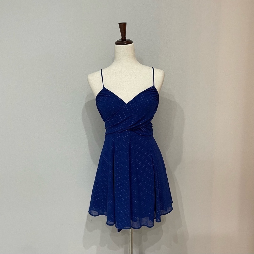 LUCY In The Sky Kalene Bow Tie Dress in Blue and Gold Dot Size Small